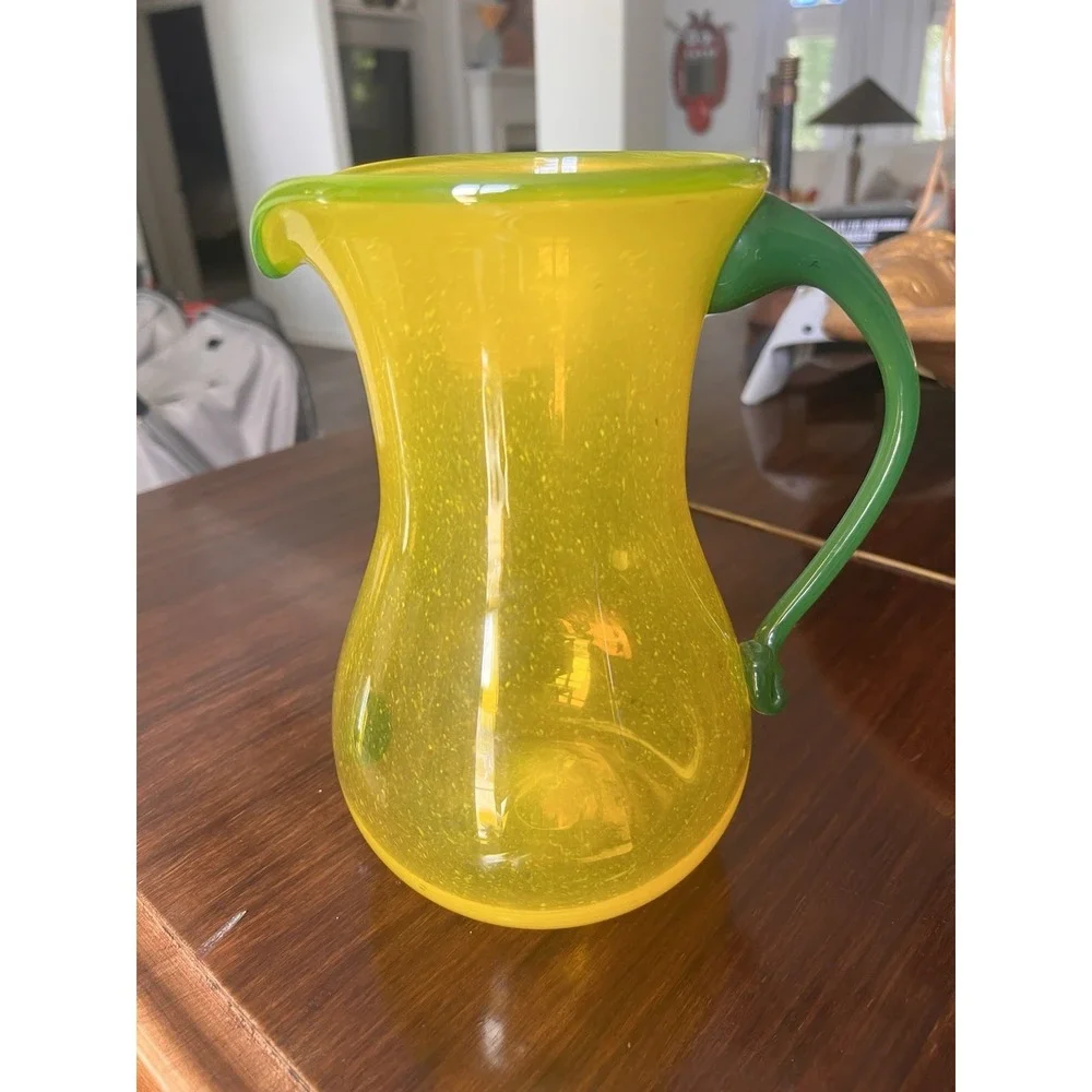 Vintage Blenko Style Yellow And‎ Green Glass Pitcher Hand Blown Art Deco MCM